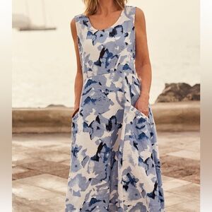 Woolovers Womens US 10 UK 14 Blue White Linen Pocket Pinafore Sleeveless Dress